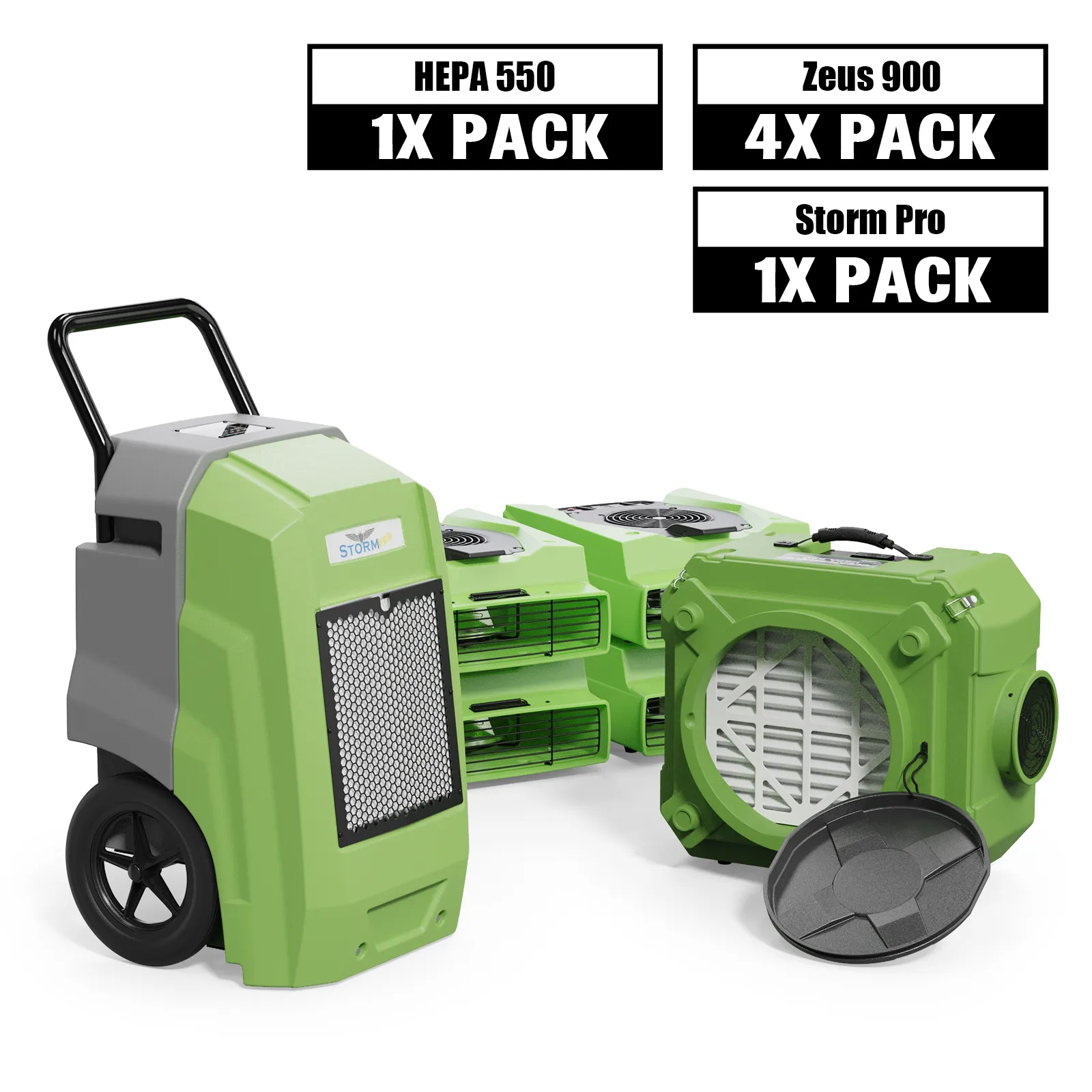 Alorair Mold Prevention Combo Pack, 1 X Storm Pro Commercial Dehumidifier, 4 X Zeus 900 Air Mover, 1 X CleanShield HEPA 550 Air Scrubber