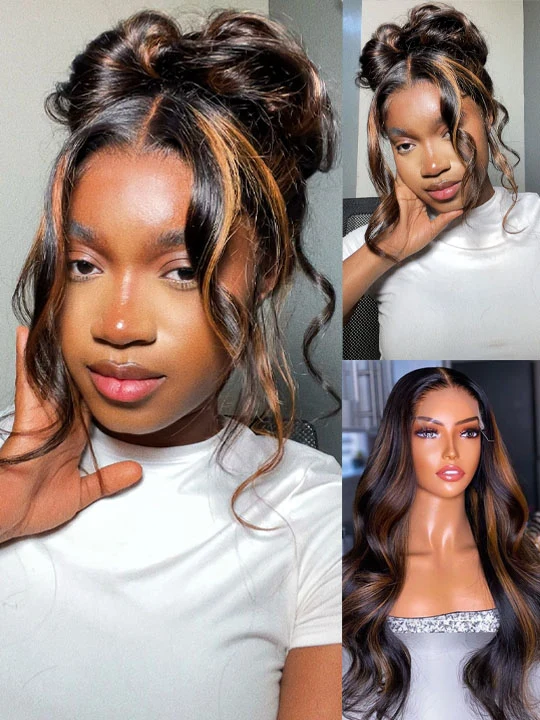 Kisslove Invisi-Drawstring Snug Fit 360 Lace Wig Glueless Black Hair With Brown Highlights