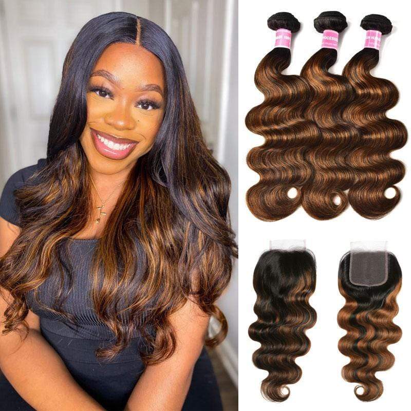 Klaiyi Balayage Ombre Highlight Color Hair 3 Bundles with Lace Closure , 14 14 14 Closure 14