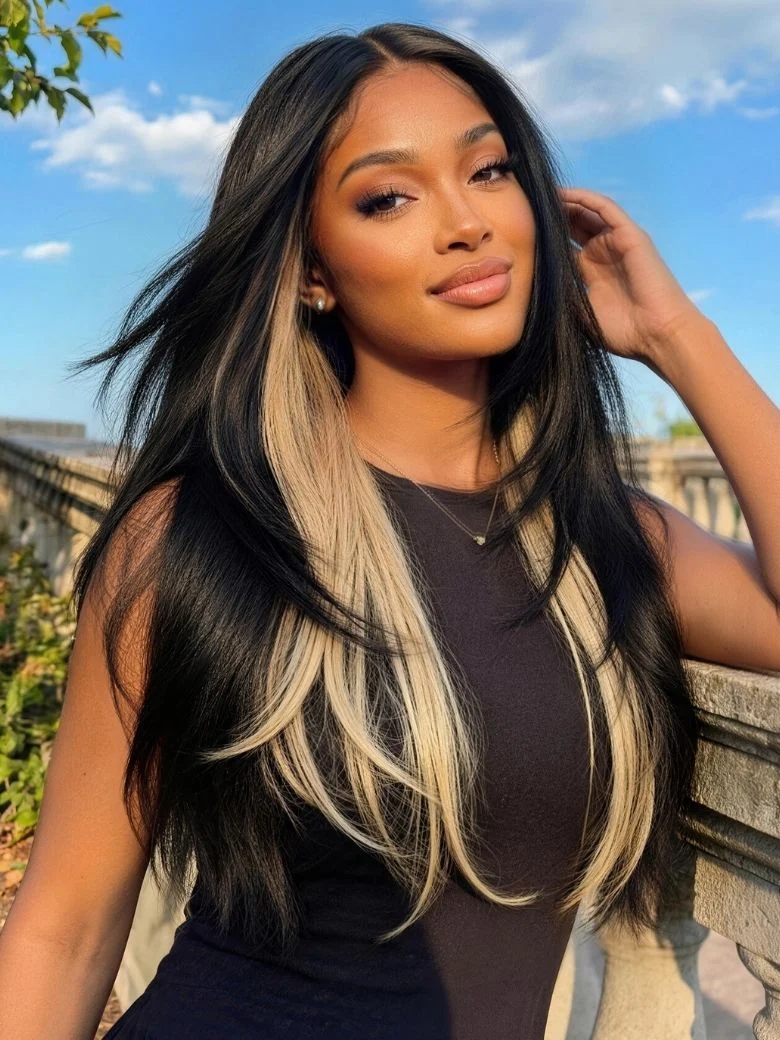 Klaiyi Natural Black with Peekaboo Highlights Straight Layered Cut 7x5 Bye Bye Knots Glueless Human Hair Wig, 7x5 150%-Drawstring / 20