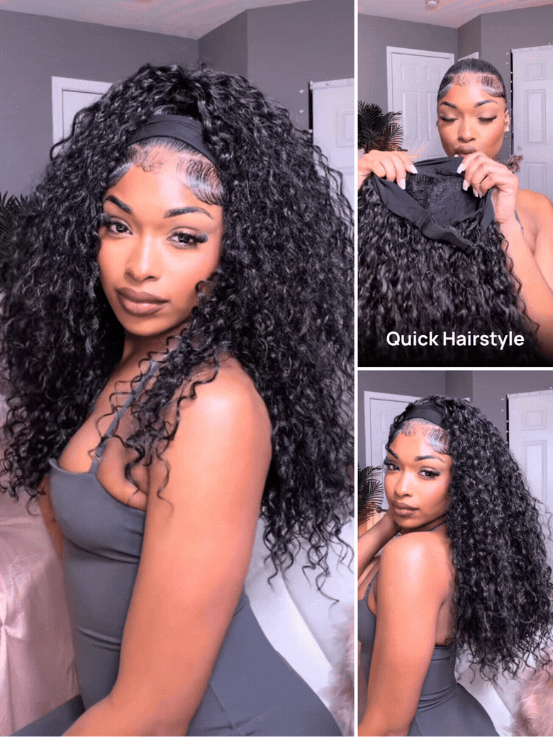 Nadula Water Wave 2-in-1 Swich Headband Half Wig 100% Human Hair Put On and Go Glueless Wig with Drawstring
