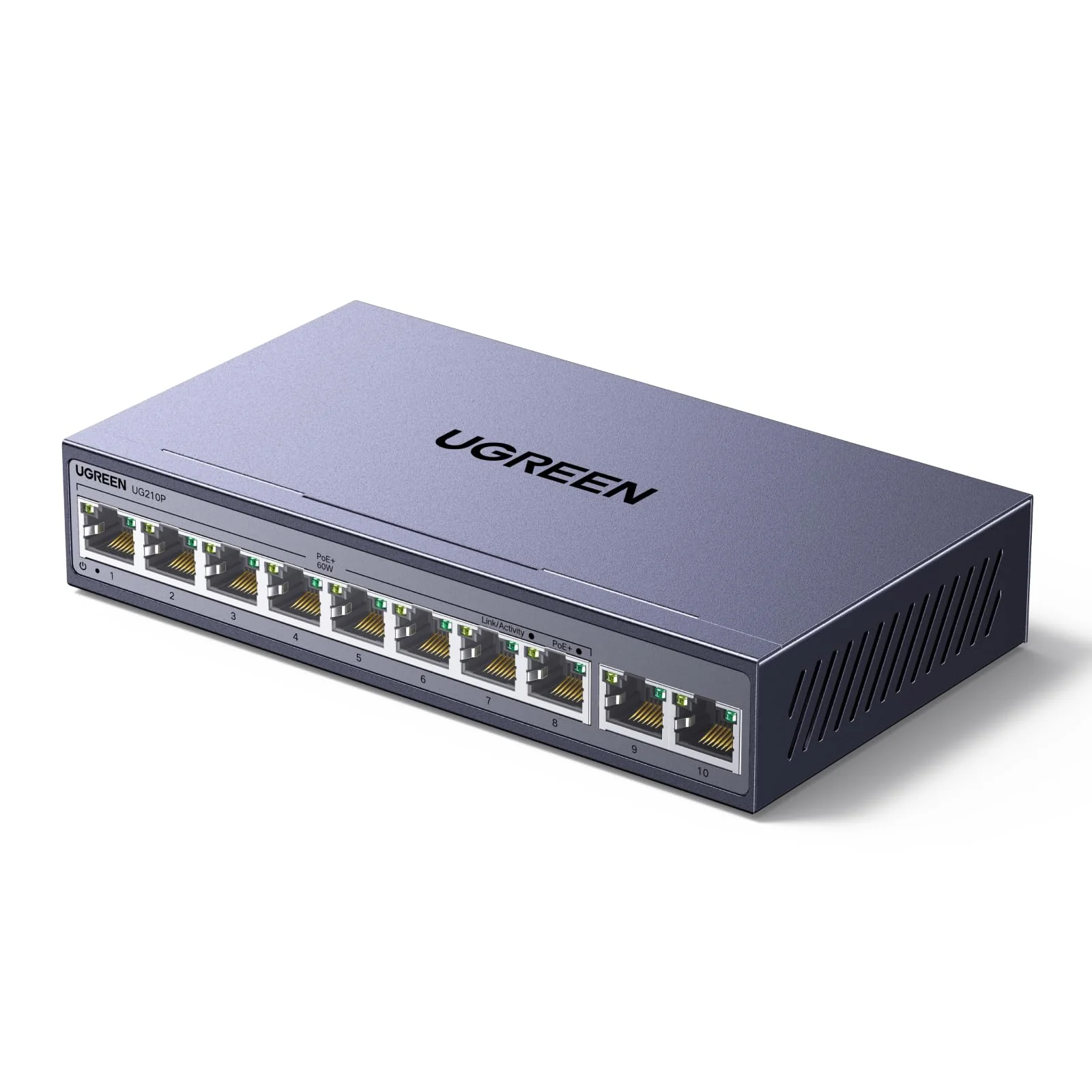 UGREEN Ethernet Switch, 10-Port PoE Switch, 8 PoE+@60W and 2 Gigabit Uplink, Plug & Play, Auto/VLAN/Extend Mode, Sturdy Metal, Desktop or Wa