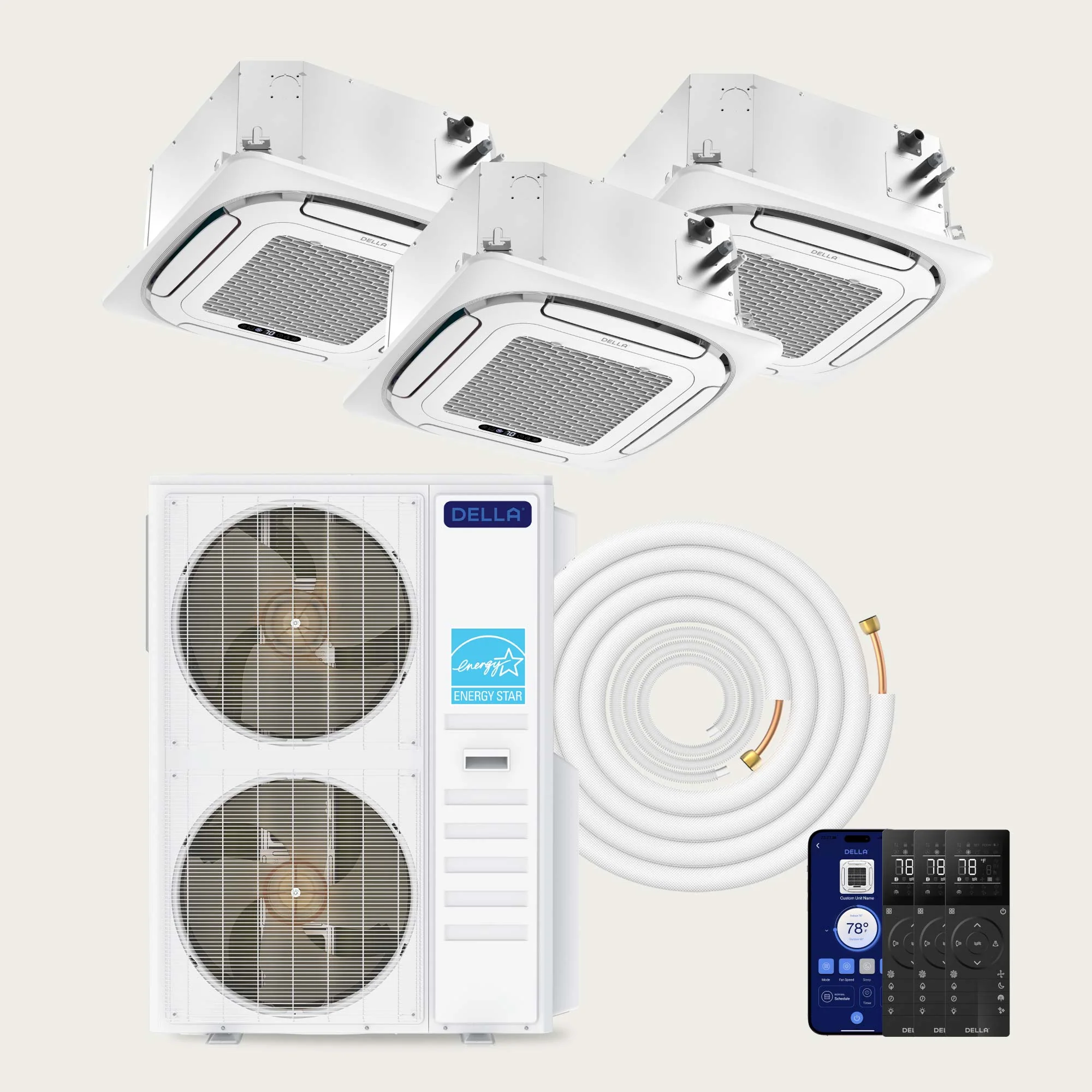 DELLA 55000 BTU Tri-Zone Ceiling Cassette Mini Split AC (12K+23K+23K) - Up to 3550 Sq.Ft.