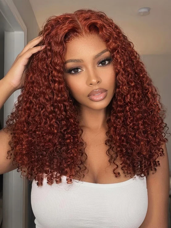 Klaiyi 7x5 Bye Bye Knots Glueless Reddish Brown Burmese Curly Human Hair Wig with Finger Coil Ends Put On & Go, Burmese Curly-150% / 16 / No