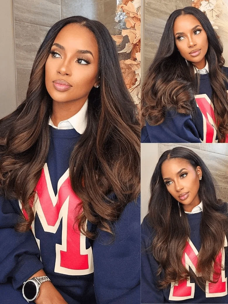 Klaiyi Black to Chestnut Brown Ombre Body Wave Human Hair Bundles , 8