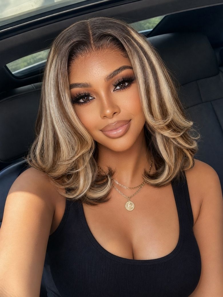 UNice Bye Bye Slip? 7x5 Lace Warm Brown with Beige Blonde Ribbon Highlights Layered Bob Wig With Dark Roots