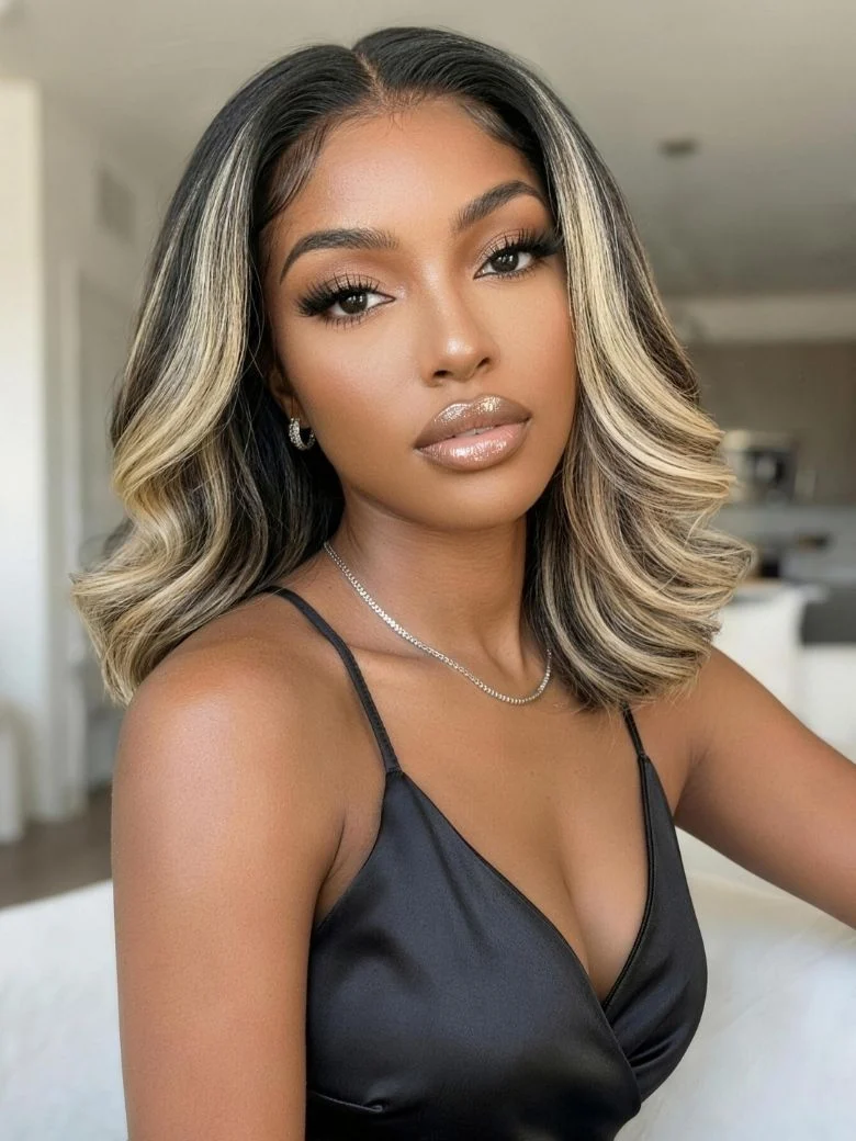 Klaiyi 7x5 No-slip Cap Glueless Lace Ash Blonde Highlight Feathered Layered Blowout Short Bob Human Hair Wig, 7¡Á5 150%-Drawstring / 10 / Pr