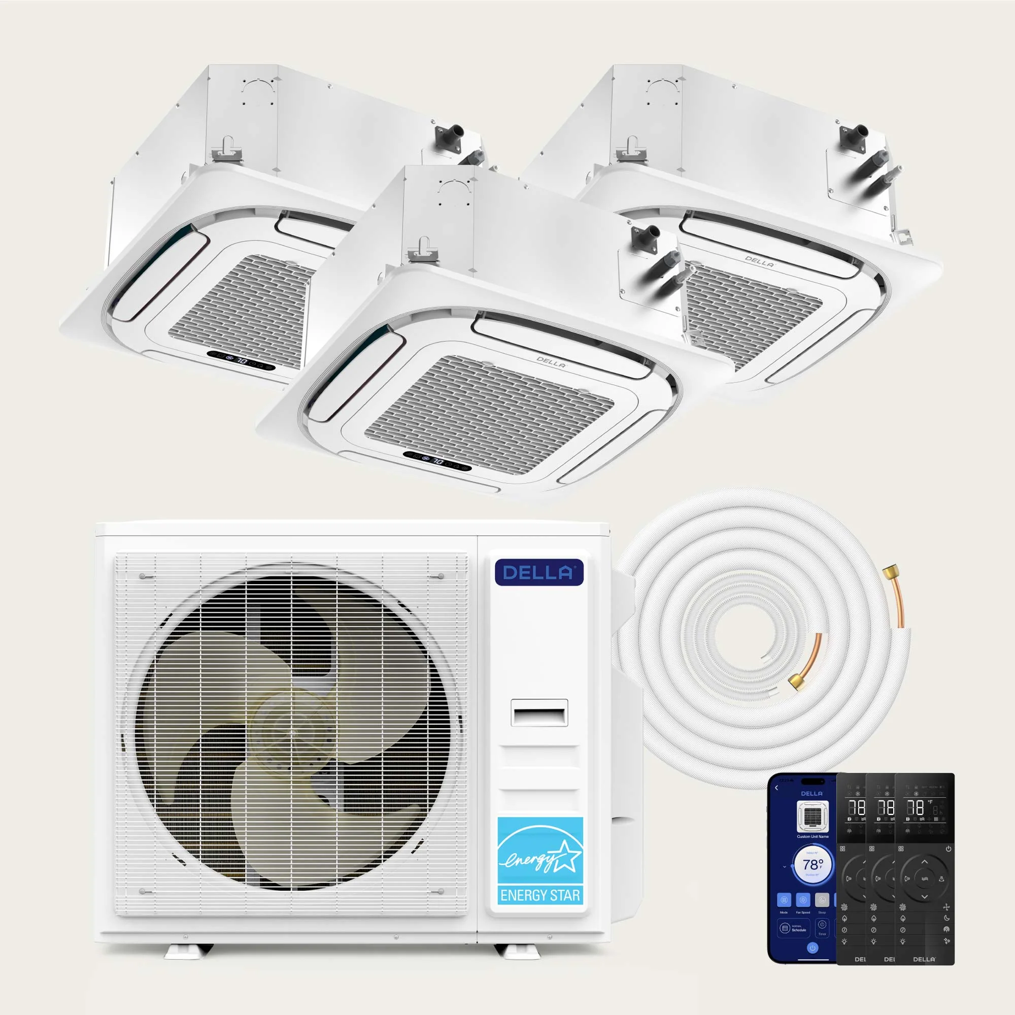 DELLA 42000 BTU Tri-Zone Ceiling Cassette Mini Split AC (9K+23K+23K) - Up to 3400 Sq.Ft.