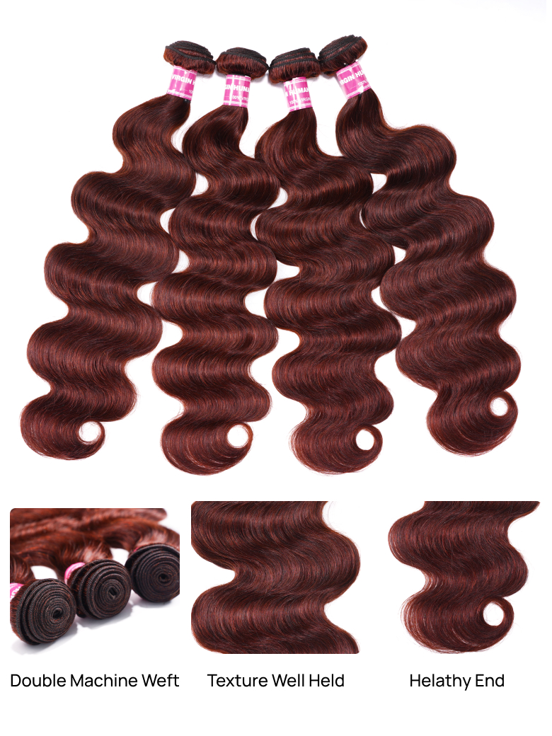 Nadula Reddish Brown Body Wave 3 and 4 Bundles with Closure Real Human Hair Bundles with Lace Closure