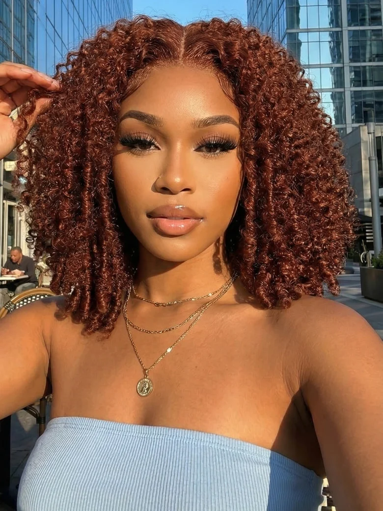 Klaiyi Reddish Brown Jerry Curly 7x5 Bye Bye Knots Human Hair Wig Put On and Go Glueless Lace Wig, Jerry Curly-180% / 14 / No slip Cap &Secu