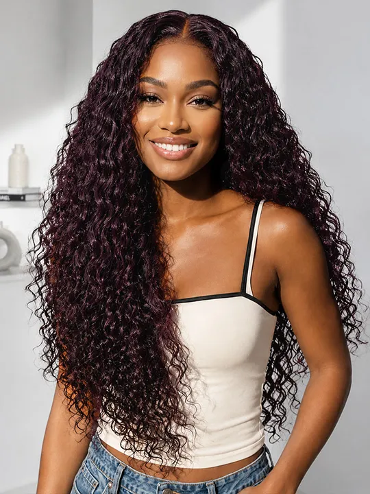 Kisslove Hair Black Cherry Water Wave Invisi Drawstring Lace Frontal Wig Glueless Dark Plum Color Wig
